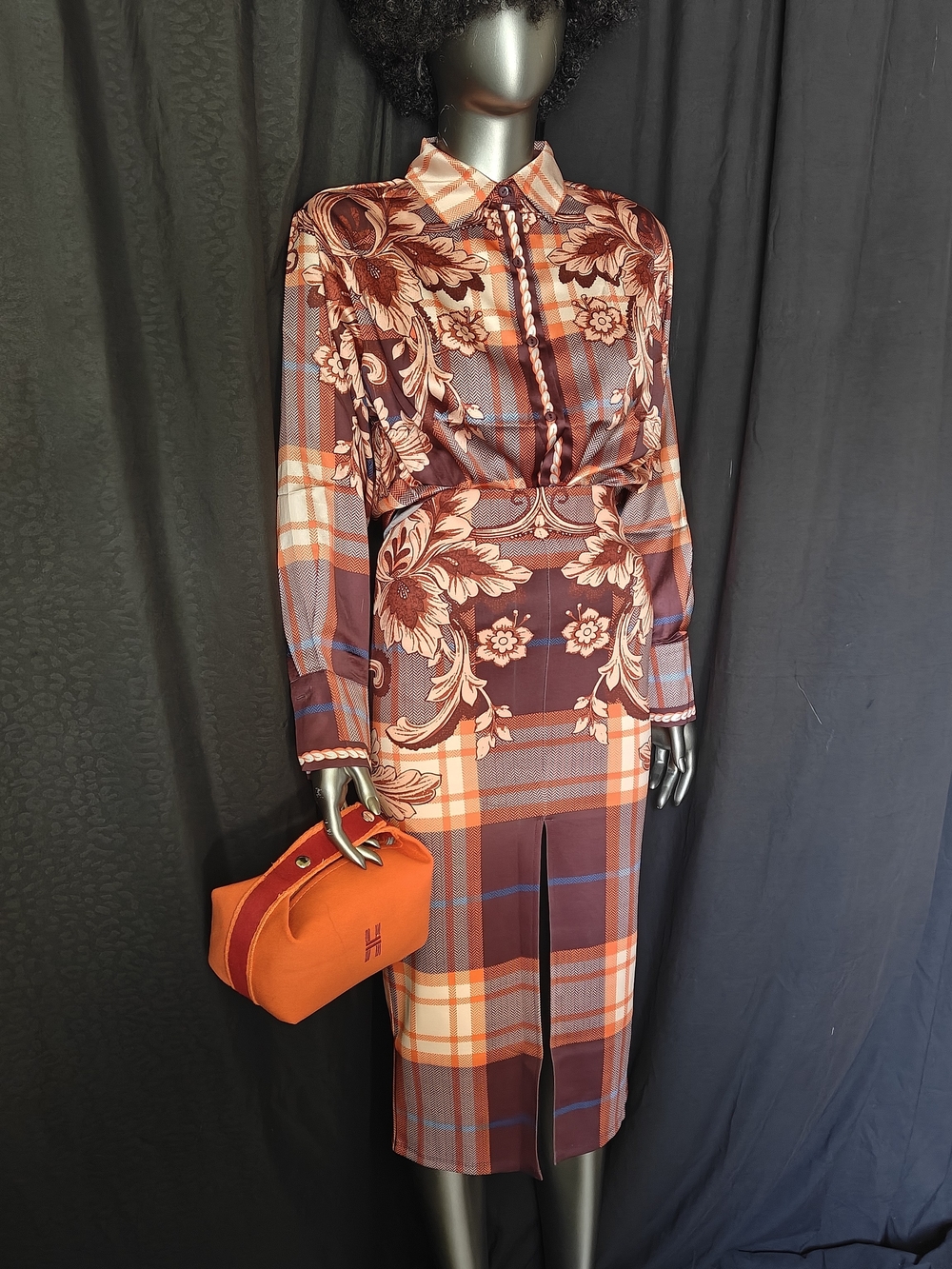 Floral & Plaid Satin Two-Piece Skirt Set - Plum & Orange